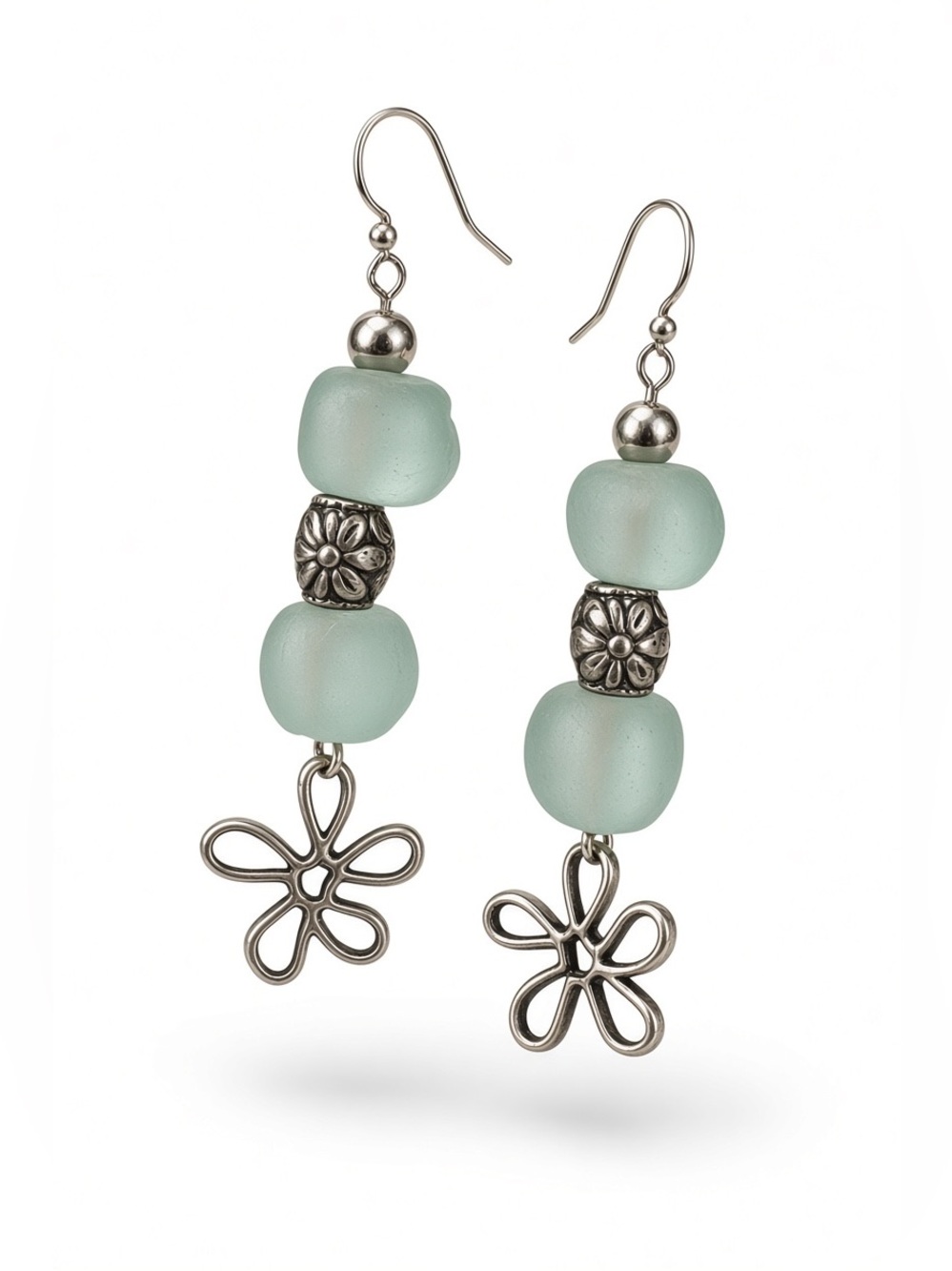 Handmade (by me!) Sea Glass Green Bead & Silver Flower Drop Earrings
